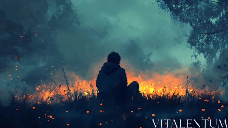 Solitary silhouette observing controlled wildfire horizon glow.