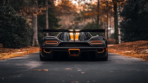 Black hypercar rear view on forest road in autumn light.