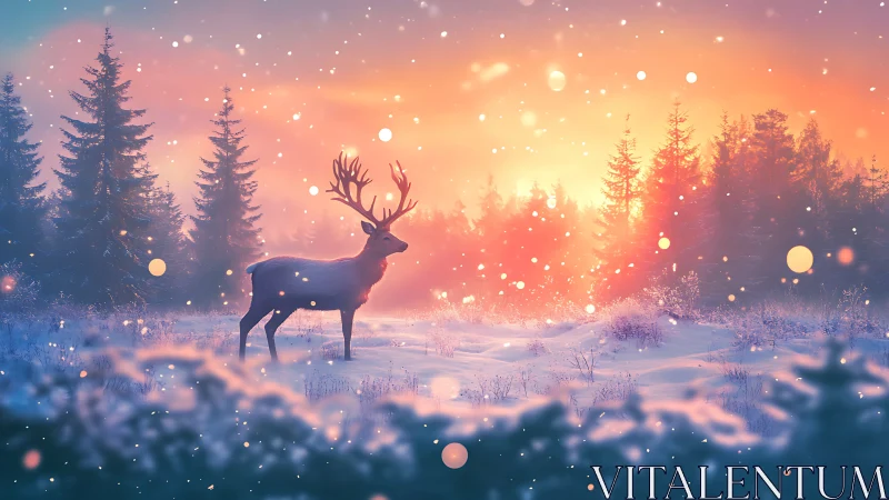 Gentle winter stag pauses in glowing sunrise snowfall