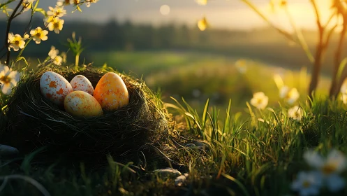 Speckled eggs rest in nest under warm golden sunrise light