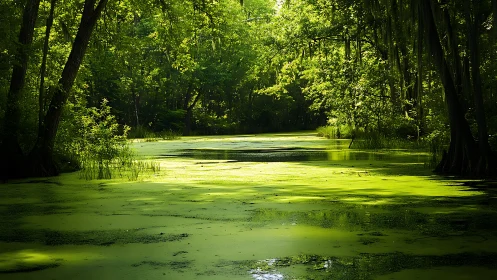 Sunlit Forest Swamp with Green Algae and Lush Vegetation.