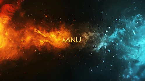 Fiery orange and icy blue cosmic clash around MANU text.