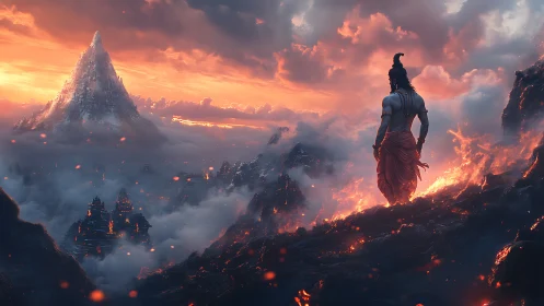 Mythic wanderer surveys ember cities beneath a stormed peak