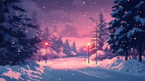 Twilight snowfield roadway with luminous lamppost diffusion.