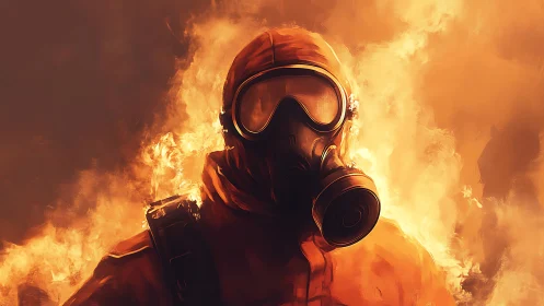 Hazmat Figure Silhouetted Through Inferno Backdrop.