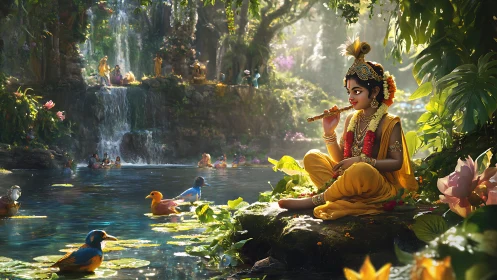 Divine child flutist illuminates verdant riverside sanctuary