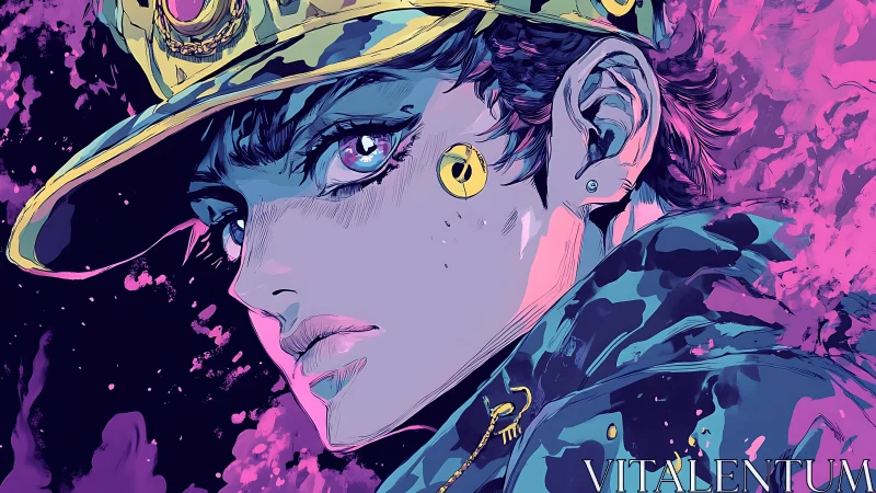 Neon gaze of a bold wanderer in swirling cosmic colorstorm.