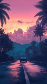 Neon dusk highway carries a lone car into cotton-candy skies