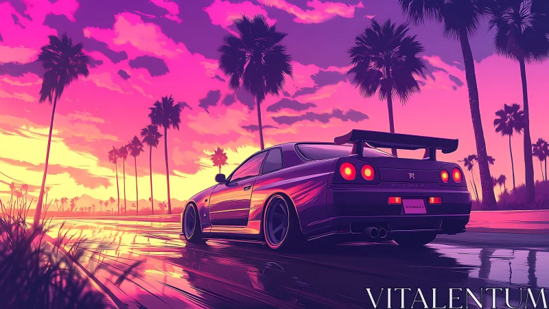 Sunset street racer glows beneath neon-soaked palm skies