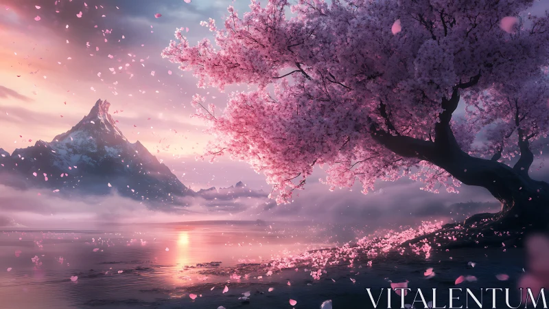 Cherry blossom tree dominates misty lake with backlit mountain