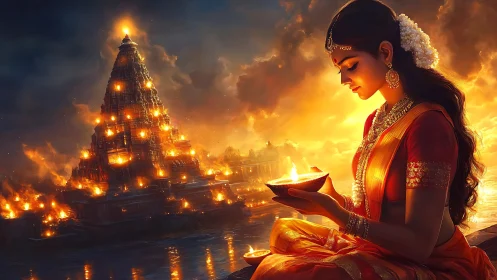 Luminous South Indian temple gopuram and woman in ritual firelight