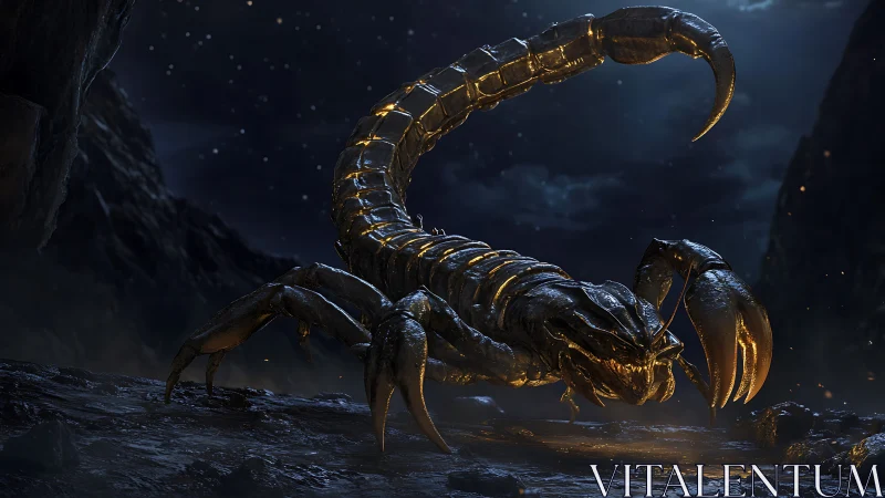 3D cinematic render of armored scorpion in nocturnal cavern.