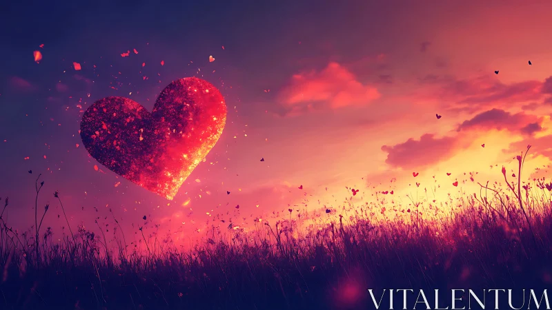 Glowing Heart Rises Over Wildflower Field at Sunset