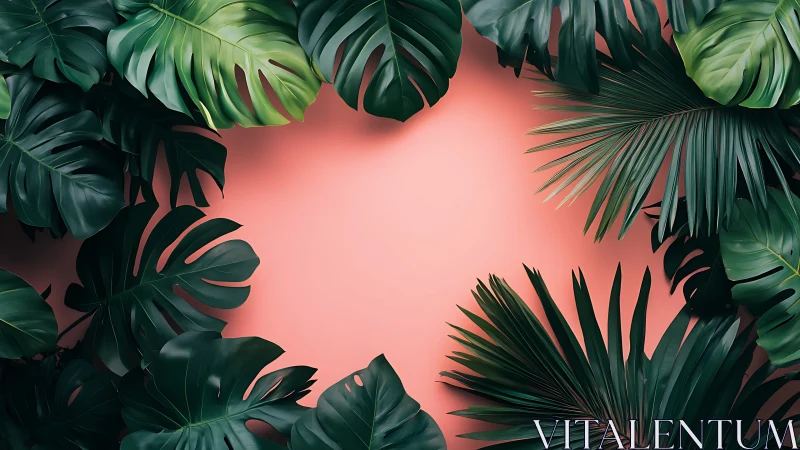 Tropical green leaves framing empty soft coral background.