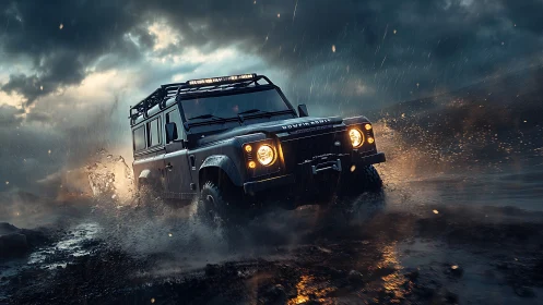 Off-road SUV drives through muddy water under stormy sky