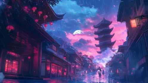 Neon lit pagoda street under rain with twilight sky scene.
