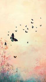 Soft pastel sky with butterflies in gentle daydream flight.