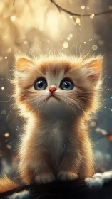 Fluffy Orange Kitten with Blue Eyes in Golden Light.