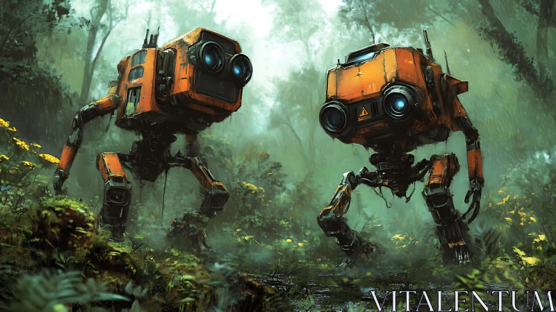 Curious orange forest robots explore a misty green world
