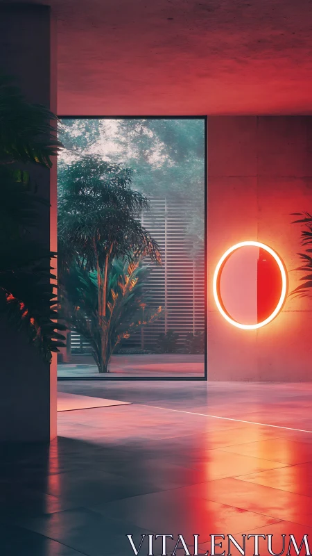 Neon circle portal lighting a tranquil tropical courtyard.