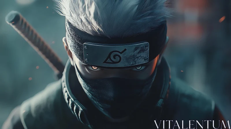 Masked silver haired ninja with sword in moody closeup.