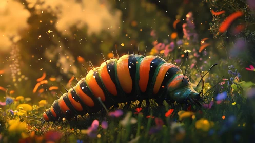 Glowing striped caterpillar crawls through enchanted meadow.