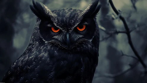 Dark forest owl with glowing orange eyes at night.