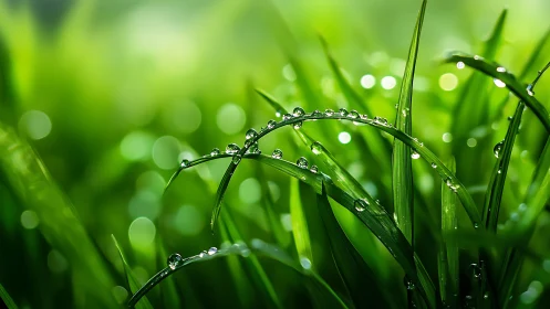 Dew-covered grass blades curve sharply against blurred green bokeh
