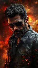 Incandescent antihero in leather amid dynamic firefield backdrop.