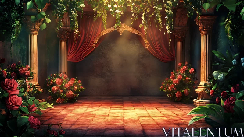 Enchanted floral stage beneath crimson draped archway.