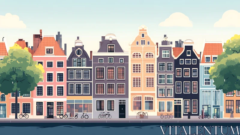 Colorful canal houses line a serene European waterfront.