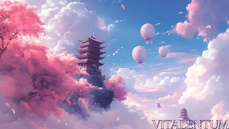 Floating pagodas rise among cherry clouds in ethereal sky