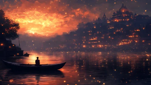 River of ember lights and a solitary dreamer at dusk.