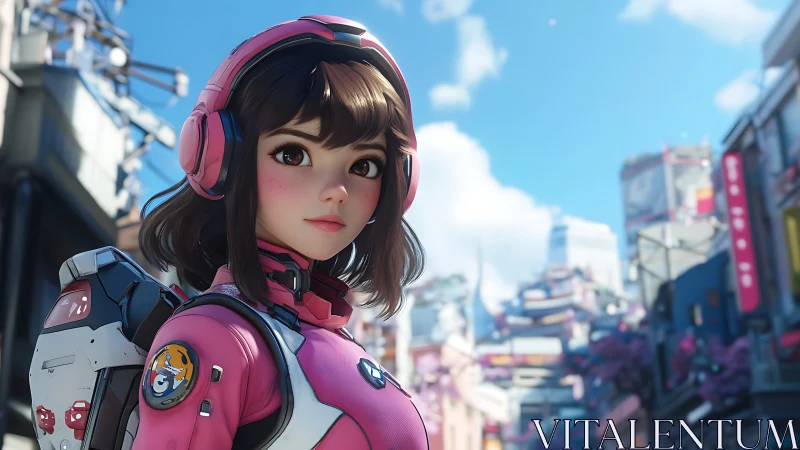 Stylized pilot portrait in high-detail sci-fi urban environment