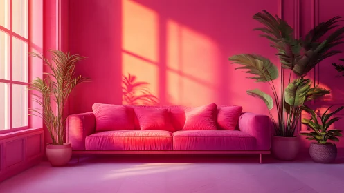 Vibrant pink sofa interior with bold tropical houseplants.
