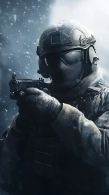 Tactical soldier aiming rifle in harsh winter blizzard.