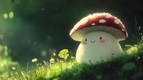 Luminous kawaii toadstool organism under volumetric forest light.