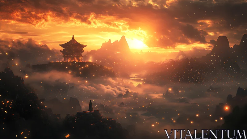 Embers drift skyward as a lone pilgrim greets the sun