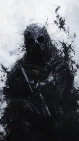 Void-cloaked wraith sentinel dissolving into stormed shadow.