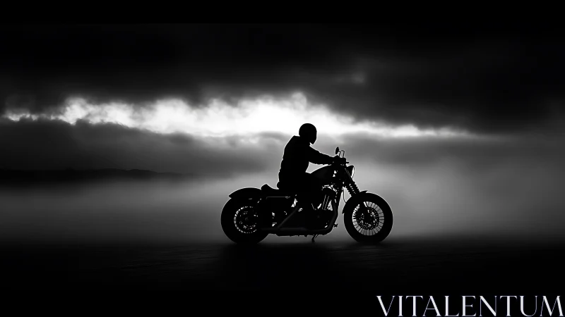 Silhouette motorcycle rider against brooding coastal fog horizon.