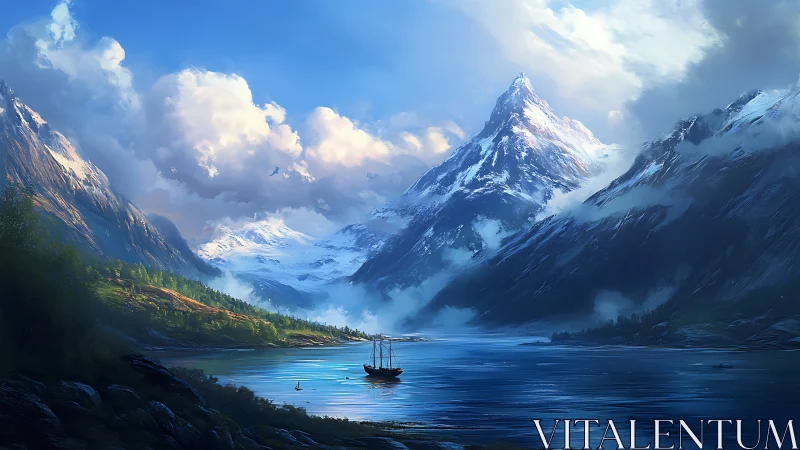 Snowcapped mountain fjord with sailing boat at sunrise.