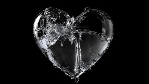 Shattered Glass Heart on Black Background, Dramatic Digital Art.