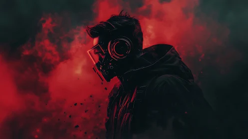 Lone cyberpunk wanderer in red nebula smoke profile portrait.