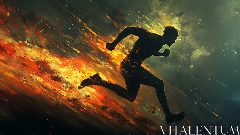 Silhouetted Runner Accelerating Through Fiery Energy Vortex.