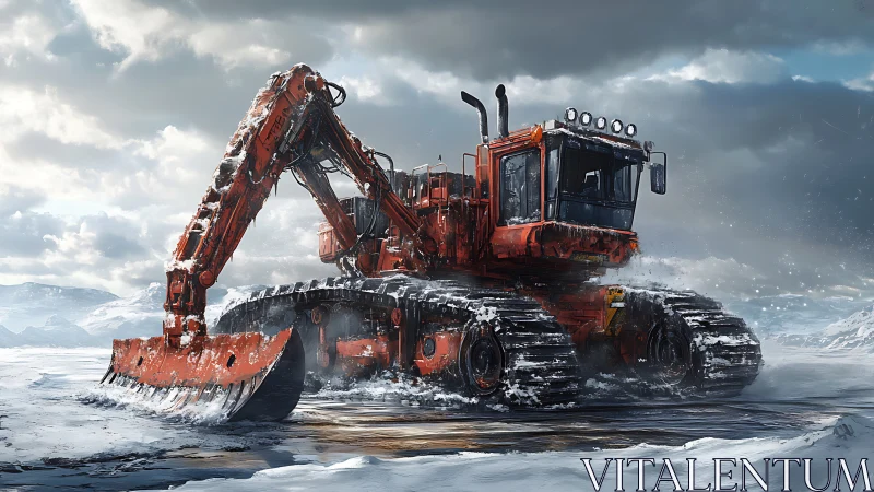 Heavy tracked snow excavator in arctic storm-lit landscape.