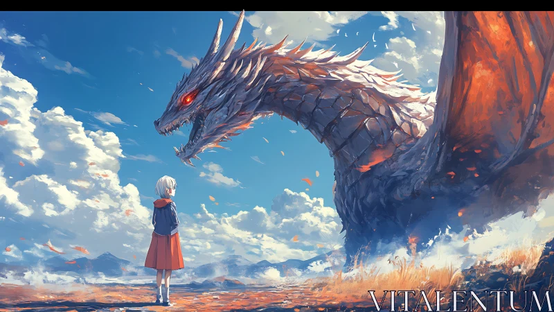 Storm-eyed dragon meets fearless child beneath wild skies.