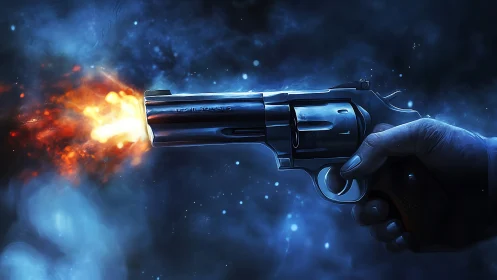 Digital painting of revolver muzzle flash in deep blue void.