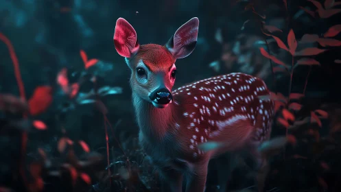 Young spotted deer in stylized blue and red forest light.