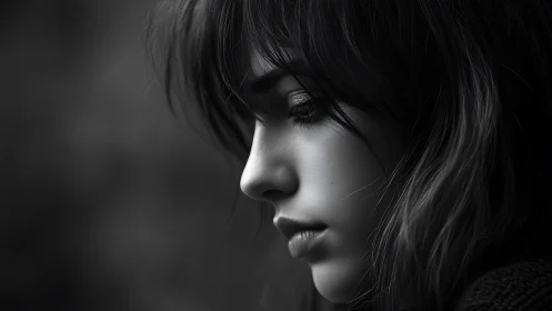 Quiet grayscale profile of pensive young woman in shadowed hush.