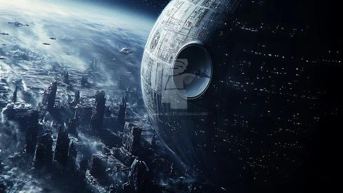 Massive spherical battle station over dark ruined cityscape.